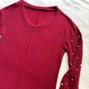 Burgundy Sweater Dress, Long  sleeves with Pearl accents Swing Dress
